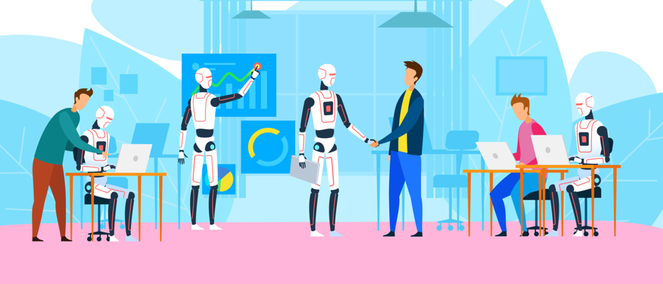 Graphic of robots and humans working collaboratively in an office space